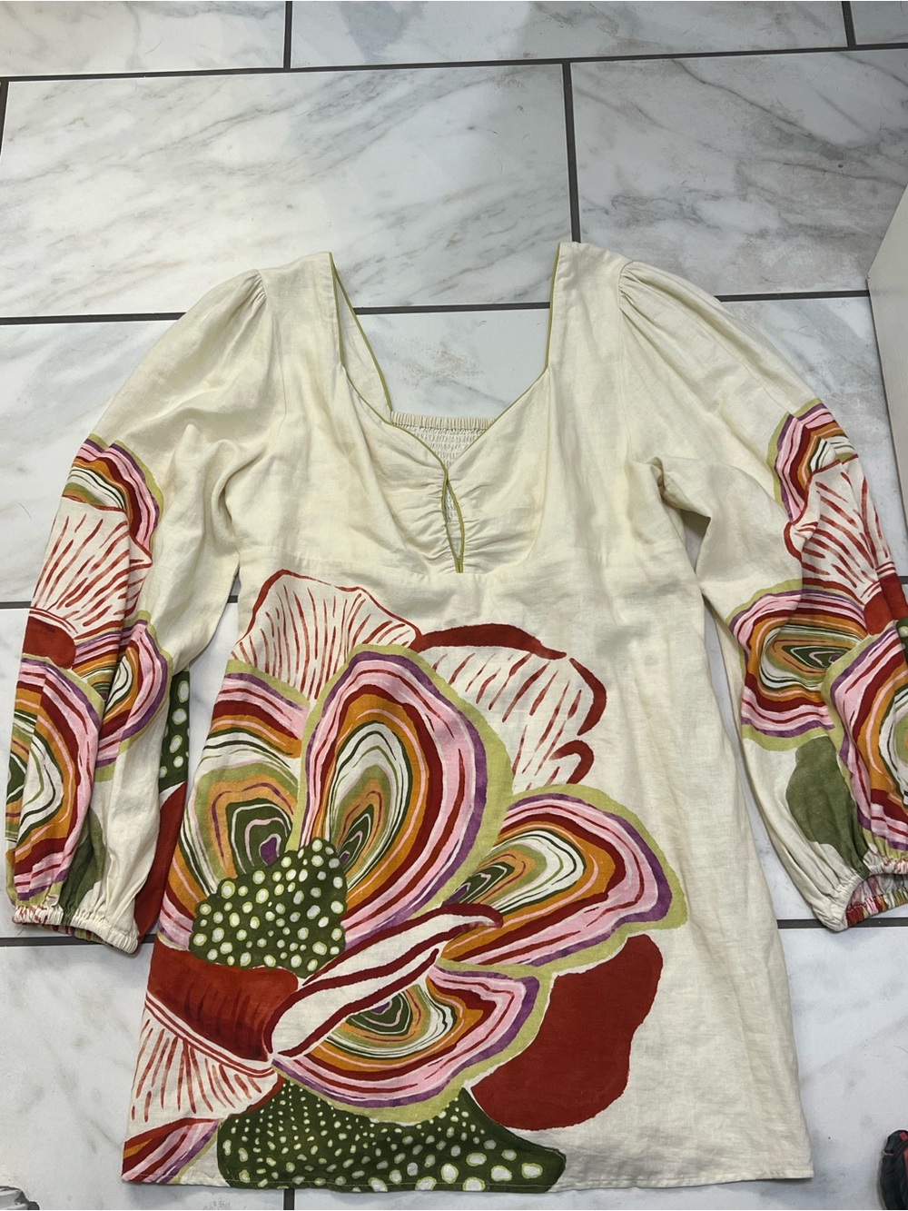 Farm Rio x Anthropologie Dress Women’s XL Floral Linen Puff Sleeve Cream